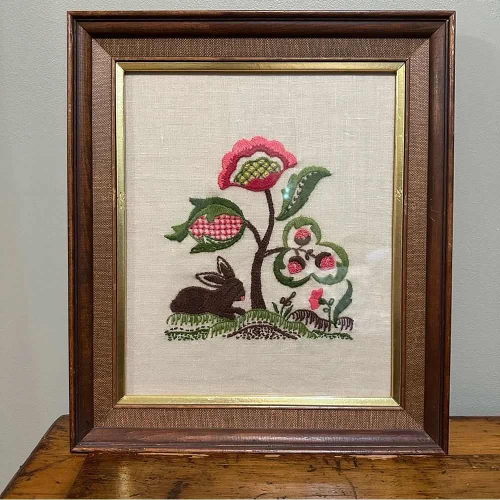 Vintage framed bunny rabbit with flowers crewel embroidery picture